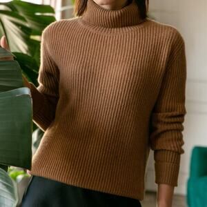 360 CASHMERE Mockneck Sweater 100% Cashmere Camel Tan Brown {3S35}
